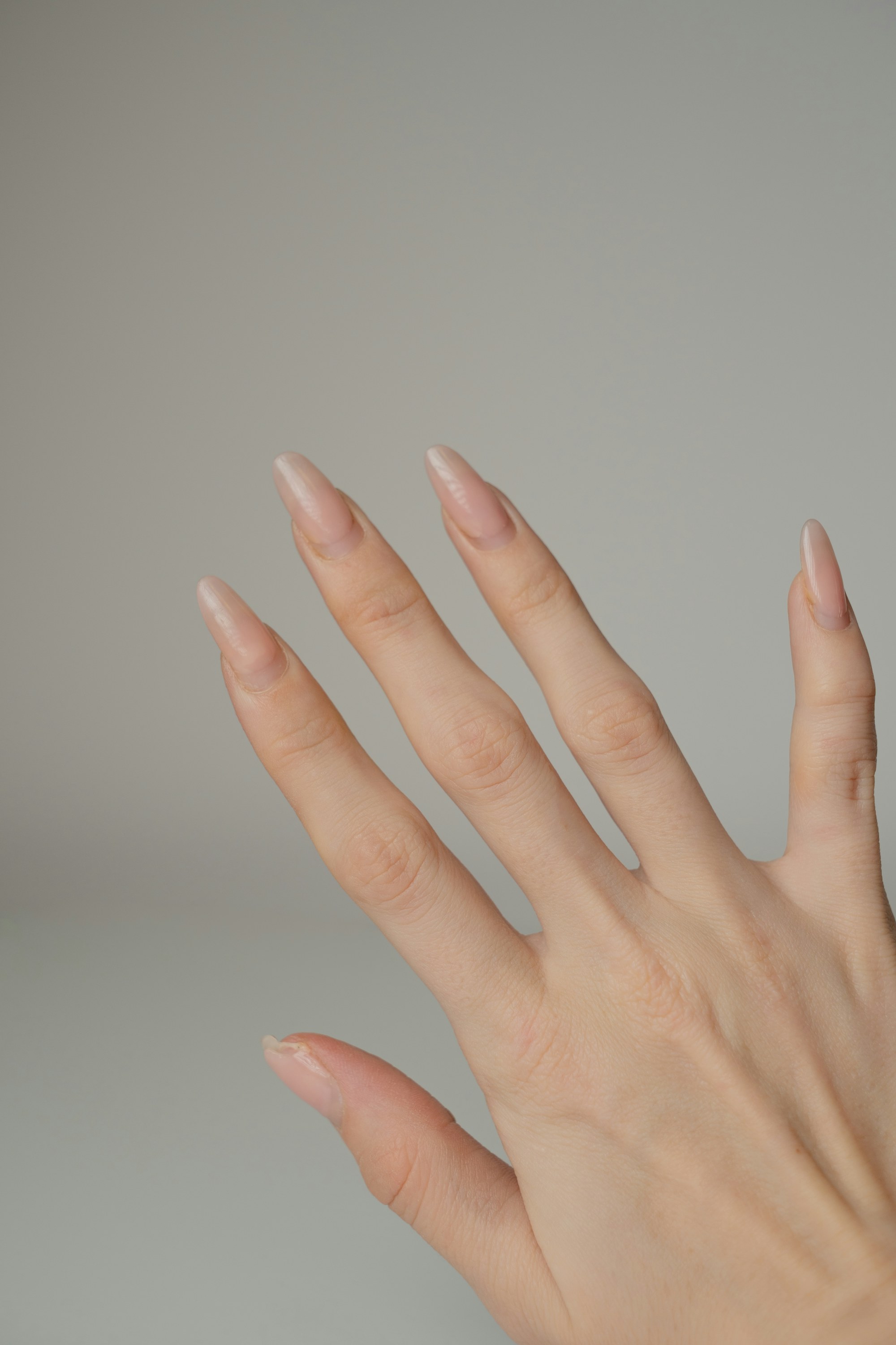 Long sculpted almond extensions in a milky nude
